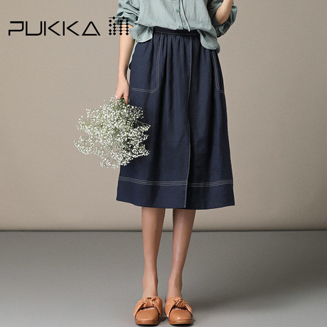 Pukka蒲牌亚麻半身裙中裙女原创设计大码女装2018秋装新款商品大图