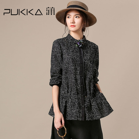 Pukka蒲牌全棉印花衬衫女拼接长袖原创设计大码女装2018秋装新款商品大图