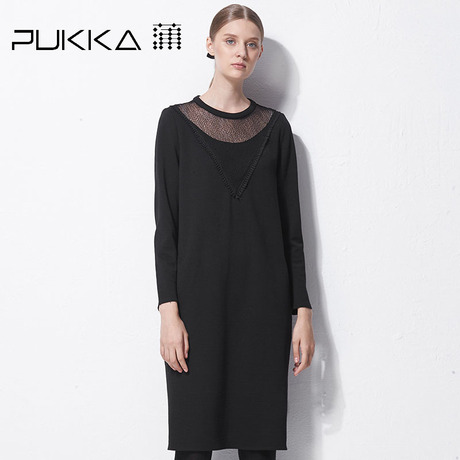 Pukka蒲牌拼接羊毛棉毛呢连衣裙女原创设计大码女装2018秋冬新款商品大图