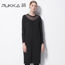 Pukka蒲牌拼接羊毛棉毛呢连衣裙女原创设计大码女装2018秋冬新款图片