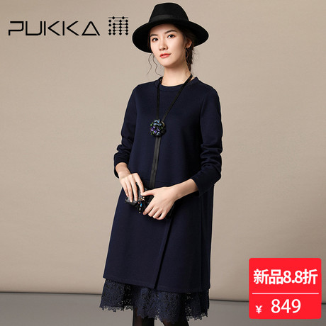 Pukka蒲牌棉质蕾丝拼接连衣裙女原创设计女装秋冬装女2018新款商品大图