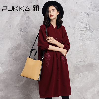 Pukka/蒲牌春秋新款原创设计大码女装棒球领肌理绣花风衣外套