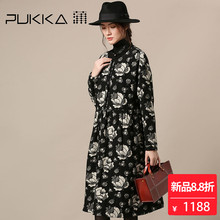 Pukka蒲牌羊毛呢棉麻提花连衣裙女原创设计女装秋冬装女2018新款图片