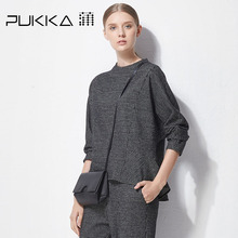 Pukka蒲牌千鸟格羊毛棉卫衣外套女原创设计大码女装2018秋装新款图片