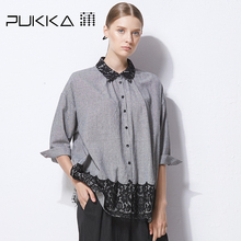 Pukka蒲牌全棉蕾丝拼接衬衫女原创设计大码女装2018秋装新款图片
