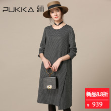 Pukka蒲牌羊毛棉格纹连衣裙女原创设计大码女装秋冬装女2018新款图片