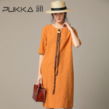 Pukka蒲牌棉麻中袖连衣裙女肌理提花原创设计女装2018秋装新款图片