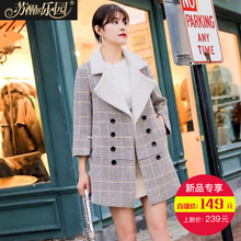 毛呢女装秋冬季2018新款韩版修身粉色格子淑女可爱呢子大衣中长款图片