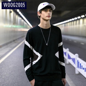 WOOG2005帅气撞色毛衣男2019春季韩版潮流圆领衣服黑色套头针织衫