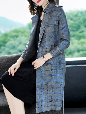 隆缘裳2018秋装新款韩版鹿皮绒格子中长款宽松外套女装潮2056商品大图