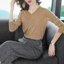 隆缘裳女秋冬装2018新款针织衫简约气质纯色V领针织薄上衣女3126图片