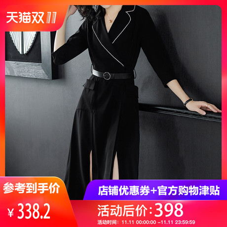 隆缘裳2018冬装新款OL通勤西装领高腰系带显瘦优雅气质连衣裙3312商品大图
