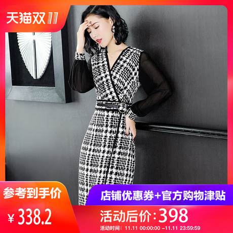 隆缘裳2018秋冬新款透视袖子格纹V领修身显瘦OL气质连衣裙女3888商品大图