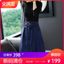 隆缘裳女秋装2018新款时尚针织拼接毛呢条纹修身假两件连衣裙3190图片