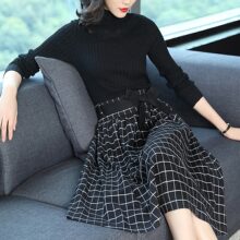 隆缘裳秋装女2017新款时尚针织中长裙收腰修身毛呢格子连衣裙7178图片