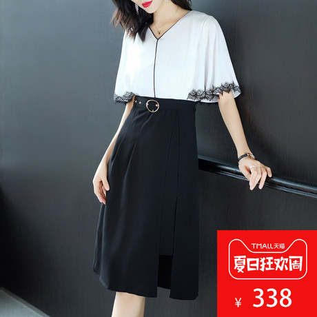 隆缘裳2018夏季新款时尚拼接简约收腰A字裙显瘦雪纺连衣裙女1155商品大图