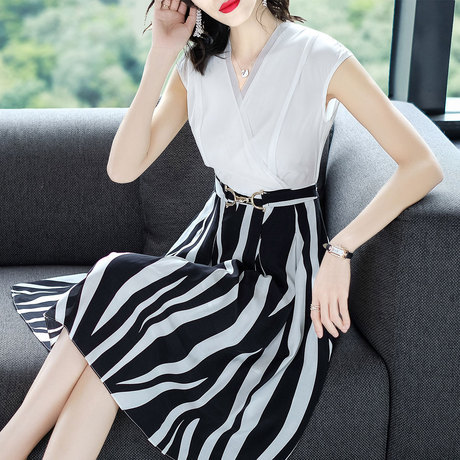 隆缘裳2018春夏女装欧美时尚新品无袖拼接条纹裙背心连衣裙潮9230商品大图