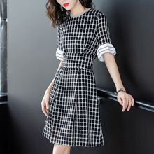 隆缘裳2018夏季新品中长款格纹连衣裙女装韩版宽松显瘦A字裙9730图片