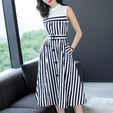 隆缘裳2018女夏新品显瘦竖条纹中长款收腰裙子大摆时尚连衣裙9960商品大图
