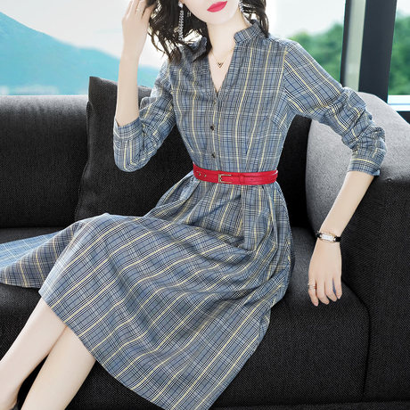 隆缘裳2018新款时尚休闲格子长袖收腰气质显瘦OL连衣裙女秋季1753商品大图
