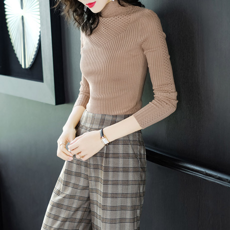 隆缘裳2018新款长袖针织衫修身简约百搭高领打底衫上衣女秋季1609商品大图