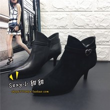 2018秋冬新款 范他她尖头细中跟钻扣饰真皮侧拉链马丁女短靴 2BZDA