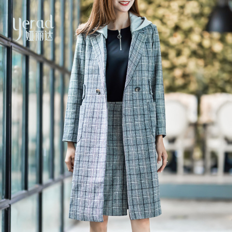 娅丽达中长款格子风衣2018秋季新款连帽高腰韩版时尚款女士外套商品大图