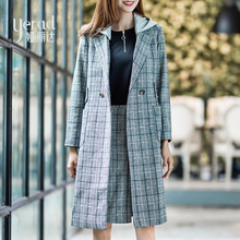 娅丽达中长款格子风衣2018秋季新款连帽高腰韩版时尚款女士外套图片