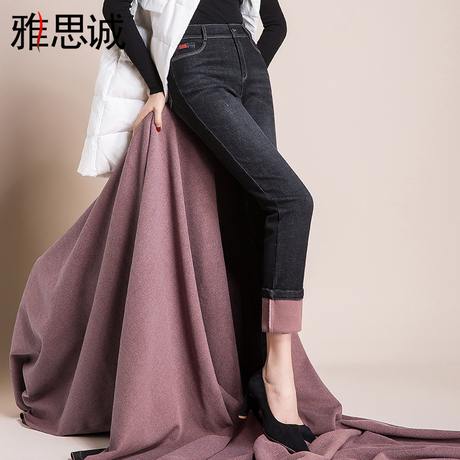 雅思诚2018秋冬新款加绒加厚直筒裤女裤子高腰牛仔裤显瘦黑色长裤商品大图