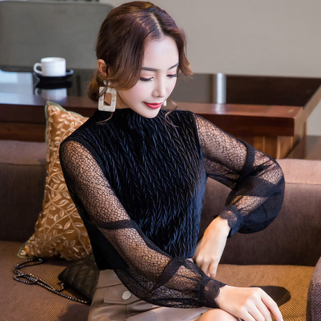 蕾丝衫女长袖秋冬2018新款韩版女装百搭网纱性感立领小衫超仙上衣商品大图