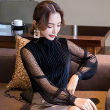 蕾丝衫女长袖秋冬2018新款韩版女装百搭网纱性感立领小衫超仙上衣图片