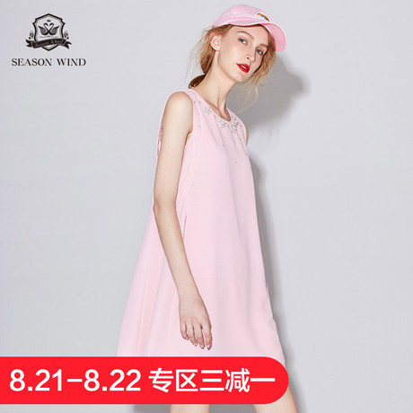 季候风2018夏季商场同款圆领纯色时尚a字裙无袖连衣裙短裙女商品大图