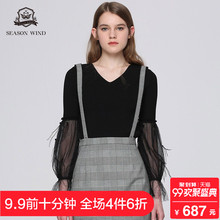 季候风2018秋季商场同款网纱拼接V领长袖黑色套头毛衣女图片