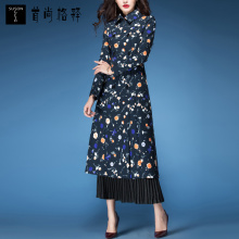 首尚格释秋装女2018新款韩版修身显瘦收腰印花过膝中长款风衣外套图片