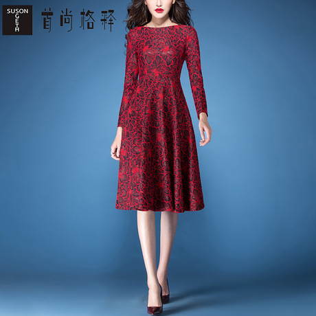首尚格释2018秋装新款女装圆领修身收腰长袖中长款蕾丝大摆连衣裙商品大图