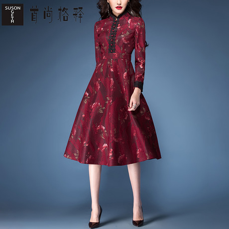首尚格释2018秋装新款女装修身显瘦中长款裙子大摆蕾丝长袖连衣裙商品大图