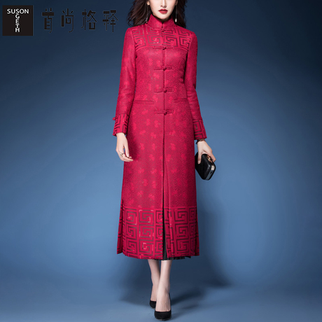 首尚格释棉服女2018新款冬中长款修身气质红色棉衣冬天外套女加厚商品大图