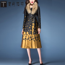 首尚格释2018冬装新款女装可折卸毛领中长款印花棉衣棉服图片