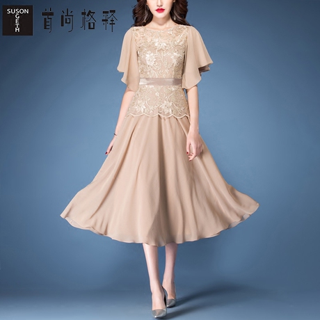 首尚格释女装2018夏装新款CHIC荷叶袖蕾丝中长款假两件连衣裙女商品大图