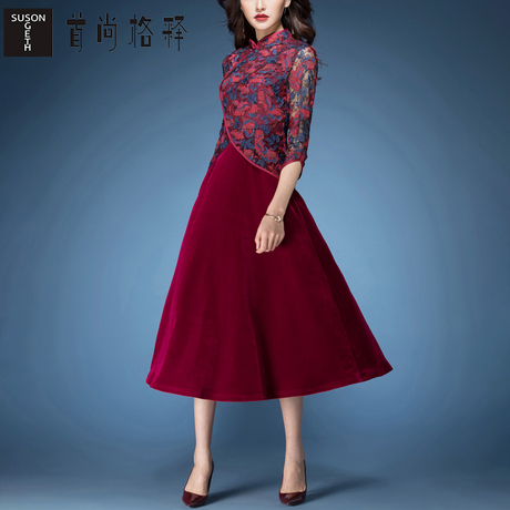 首尚格释2018春装新款修身显瘦复古蕾丝假两件套中长款连衣裙女商品大图