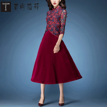 首尚格释2018春装新款修身显瘦复古蕾丝假两件套中长款连衣裙女图片