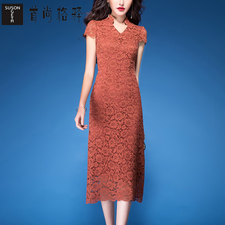 首尚格释2018夏装新款女装V领修身显瘦中长款蕾丝短袖连衣裙商品大图