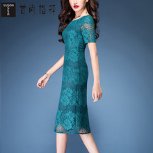 首尚格释2018夏装新款女装圆领修身显瘦中长款蕾丝短袖连衣裙女图片