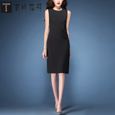首尚格释2018夏装新款女装时尚修身蝴蝶结中长款黑色无袖连衣裙商品大图