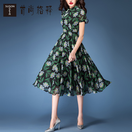 首尚格释女装2018夏装新款收腰显瘦雪纺印花翻领中长款连衣裙女商品大图