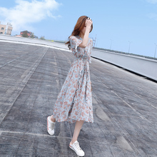 夏季雪纺碎花裙子女过膝长裙很仙 法国小众桔梗裙 连衣裙2019新款