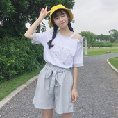 高腰短裤 裙格子花苞裤 两件套萌 套装 夏季女装 T恤上衣 短袖 2018新款