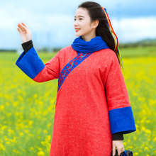 素萝 孤帆 原创棉服女装长款冬季外套新款宽松民族风交领刺绣棉衣图片