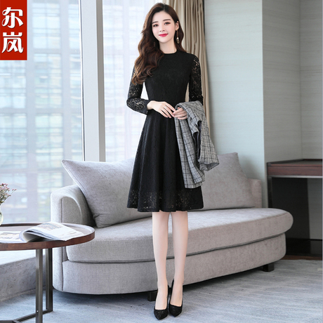 秋装女2018新款黑色长袖针织蕾丝连衣裙修身名媛气质春秋打底裙子商品大图