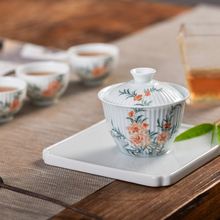 手绘桃花太湖石影青雕刻盖碗泡茶碗茶具套装恽寿平花卉复古小茶杯